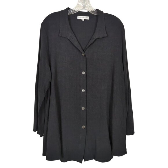 Christopher Calvin Women’s Blouse Black Sz L Button Front Linen Blend Tunic Top - Picture 1 of 13